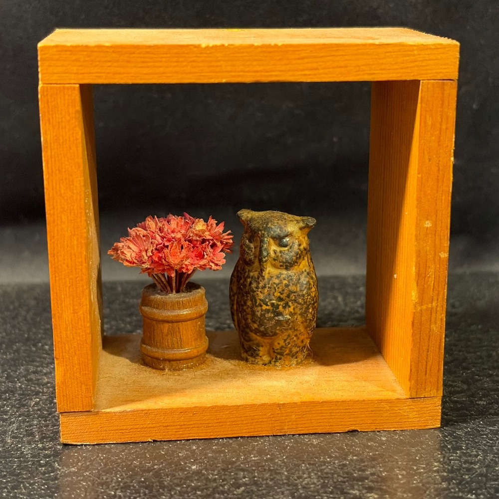 Vintage Miniature Owl Shadow Box Wood Frame Hand Painted Figurine Folk Art Decor